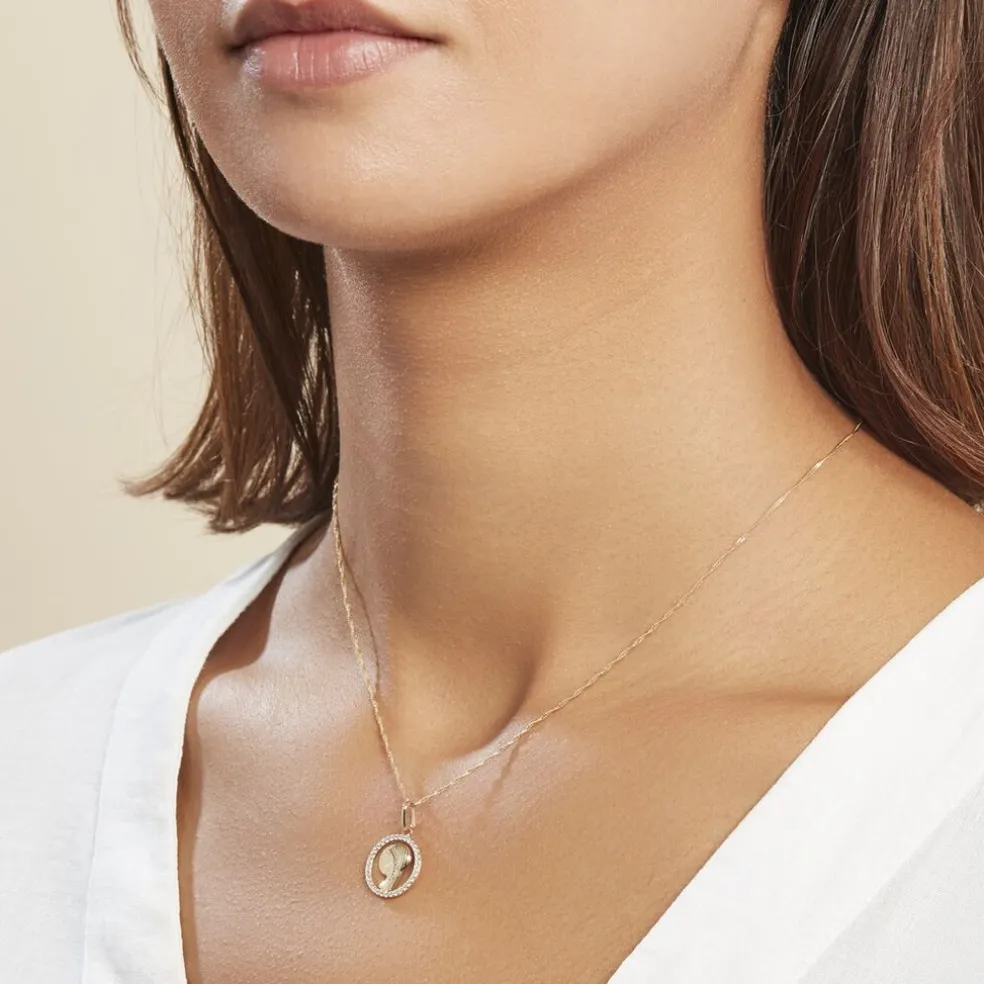 Pendentif Vierge Rond Diamante Or Jaune Oxyde De Zirconium